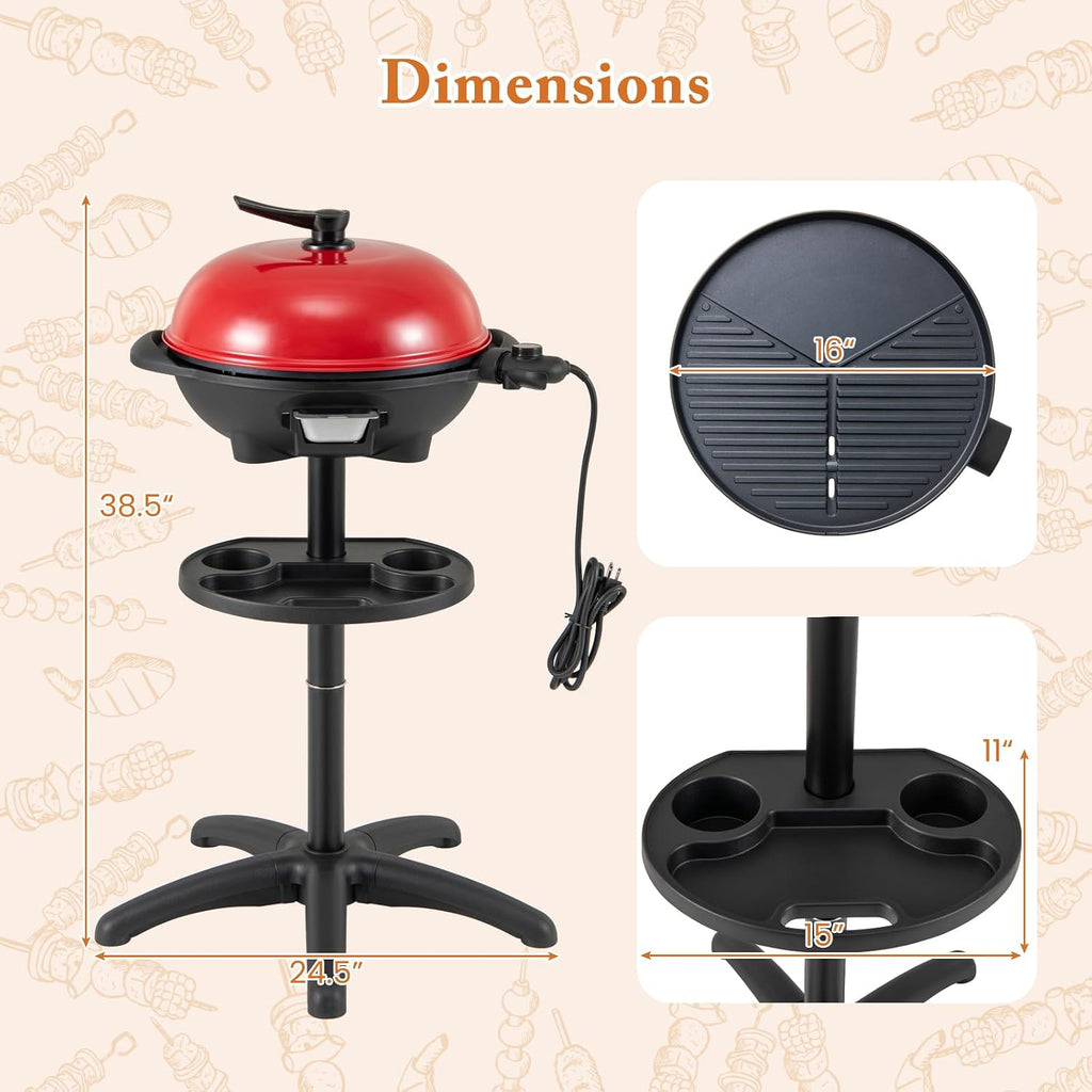 Happygrill Electric Grill Outdoor, 1350W Portable BBQ Grill w/Non-stick Griddle Plate, Temperature Control, Drip Tray, Temperature Control for Patio Camping (Red, 24.5'' Dia x 38.5'' H)