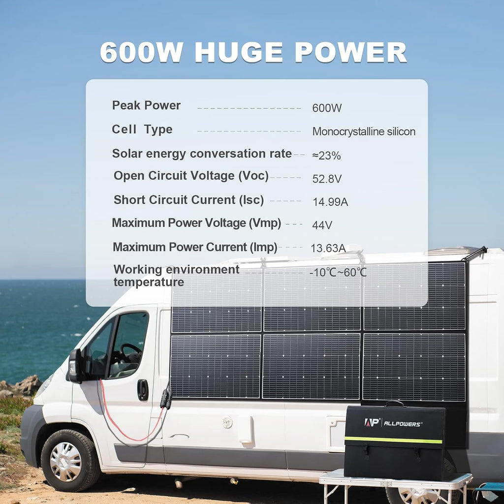 ALLPOWERS SP039 600W Portable Solar Panel, Foldable Solar Charger with 24% High Efficiency Monocrystalline Cells, IP67 Waterproof for Generator RV Camping Motorhome Off-Grid Power Backup