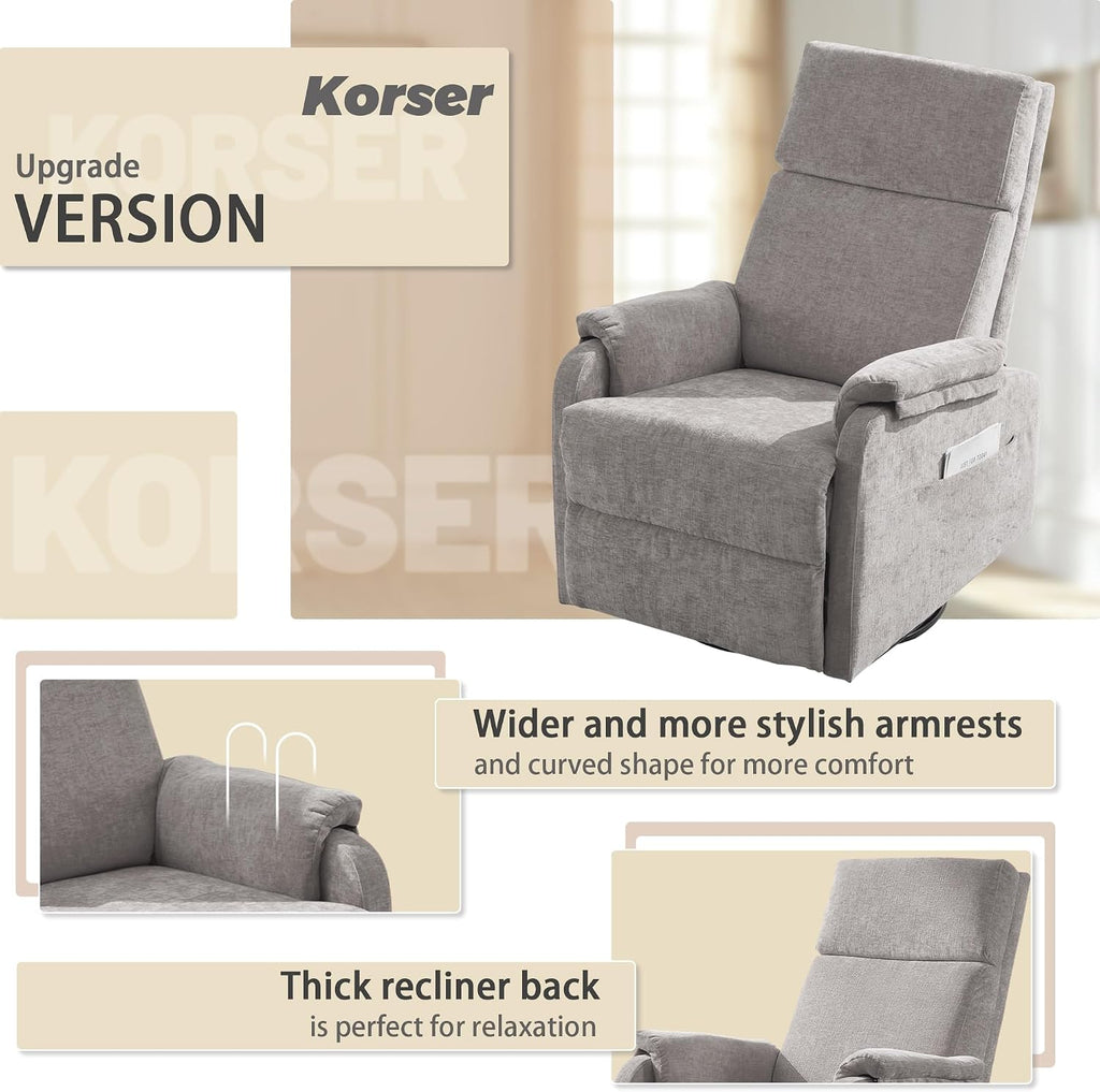 Korser Swivel Rocking Recliner with Massage, Small Glider Chair for Nursery, Modern-Designed Armrests Chair for Adults Living Room, Chenille, Grey