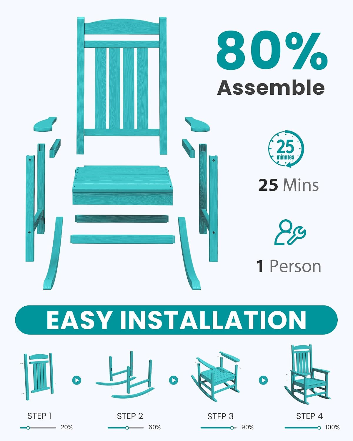 SERWALL Oversized HDPE Outdoor Rocking Chair Set of 2, Patio Rocking Chairs, All-Weather Porch Rockers for Adults, Aruba Blue