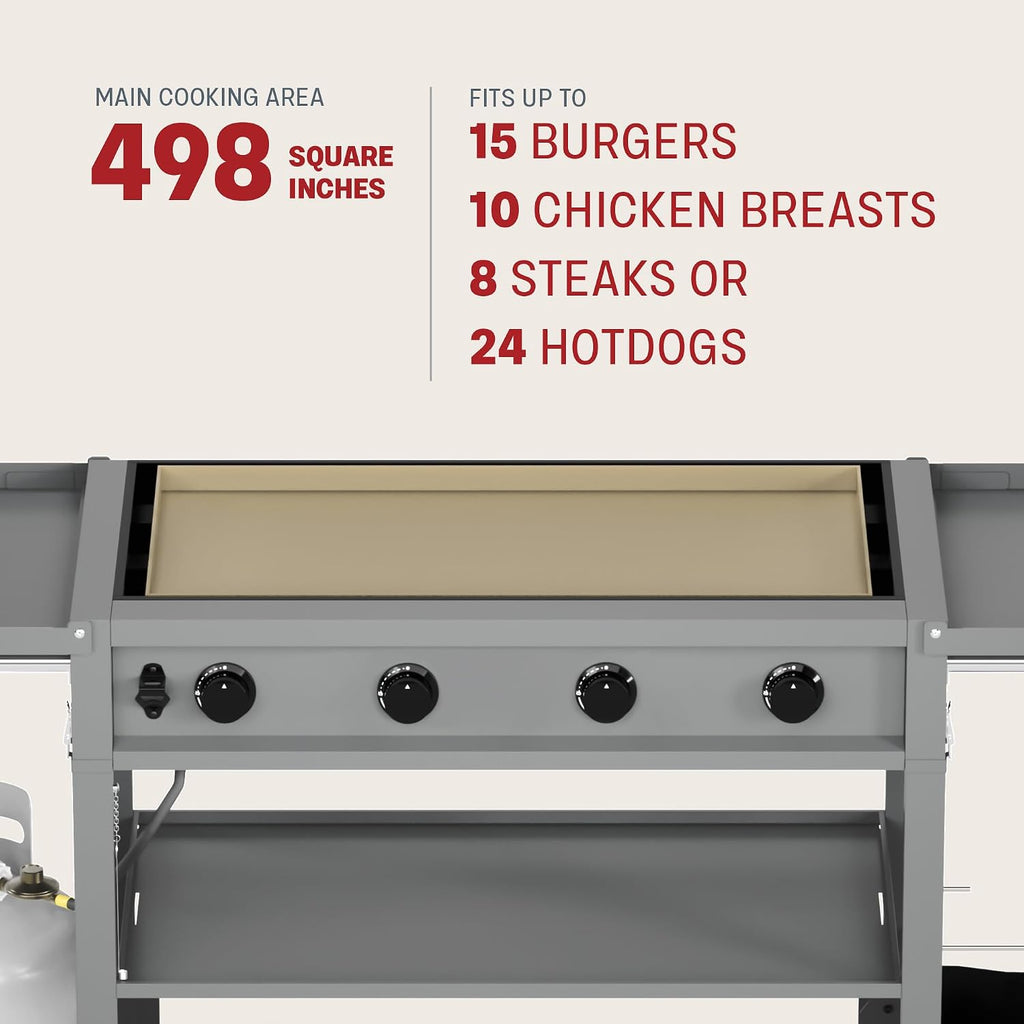 Tytus Fresno 48,000 BTU Flat Top Griddle Grill for Outdoors Includes Key Propane Flattop Grill Accessories: Cover, 2 Spatulas, 2 Bottles & Griddle Scrapper, 4 Burners Evenly Heat Flat Grills