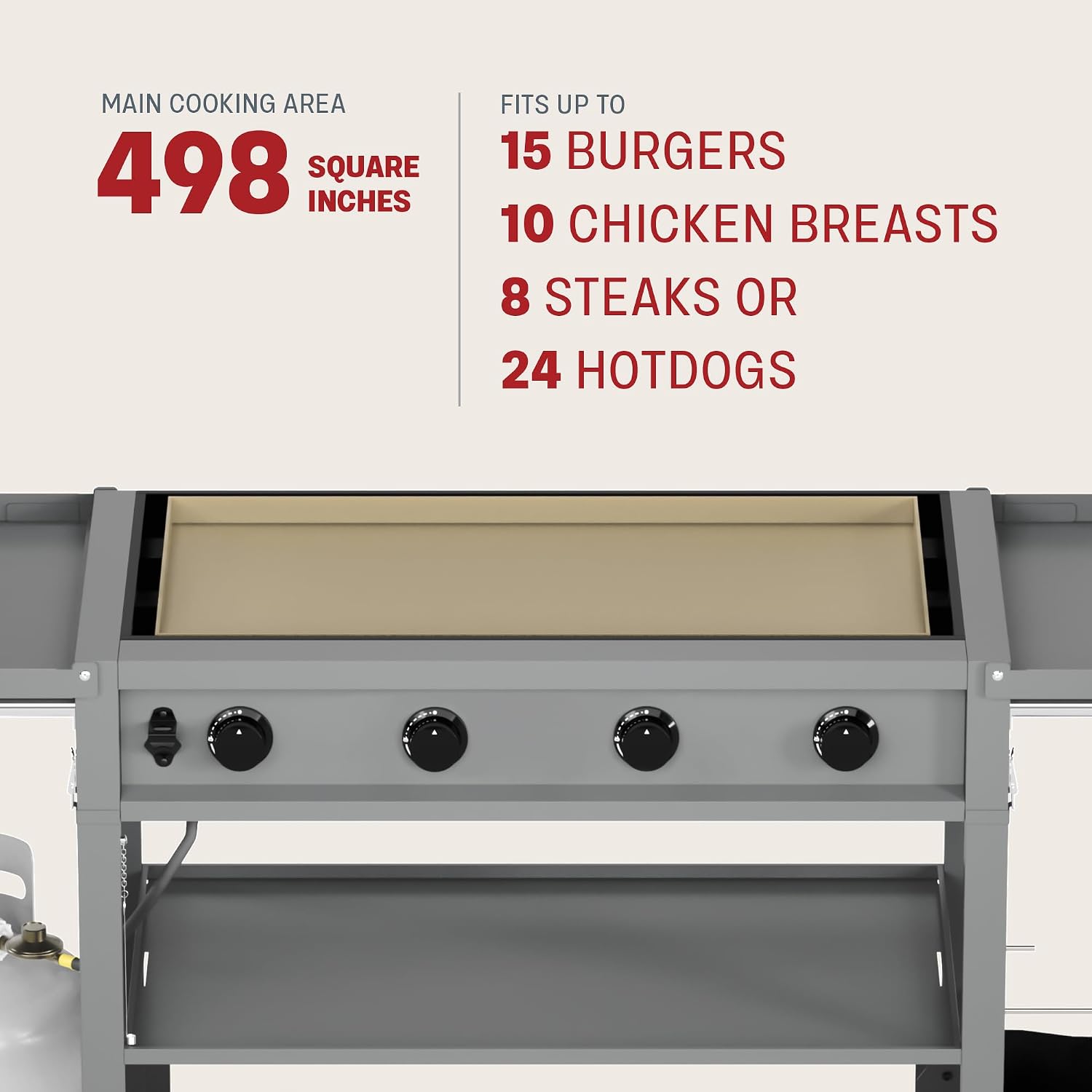 Tytus Fresno 48,000 BTU Flat Top Griddle Grill for Outdoors Includes Key Propane Flattop Grill Accessories: Cover, 2 Spatulas, 2 Bottles & Griddle Scrapper, 4 Burners Evenly Heat Flat Grills