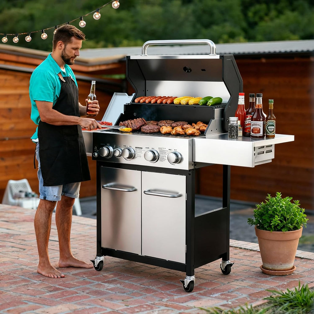 Veralune 55,000 BTU 4+1 Burner Gas Grill with Infrared Side Burner, Porcelain Cast Iron Grates & Stainless Steel Build for Fast Heating, Easy Cleaning, Ideal for Outdoor Kitchens, Patios & Backyards