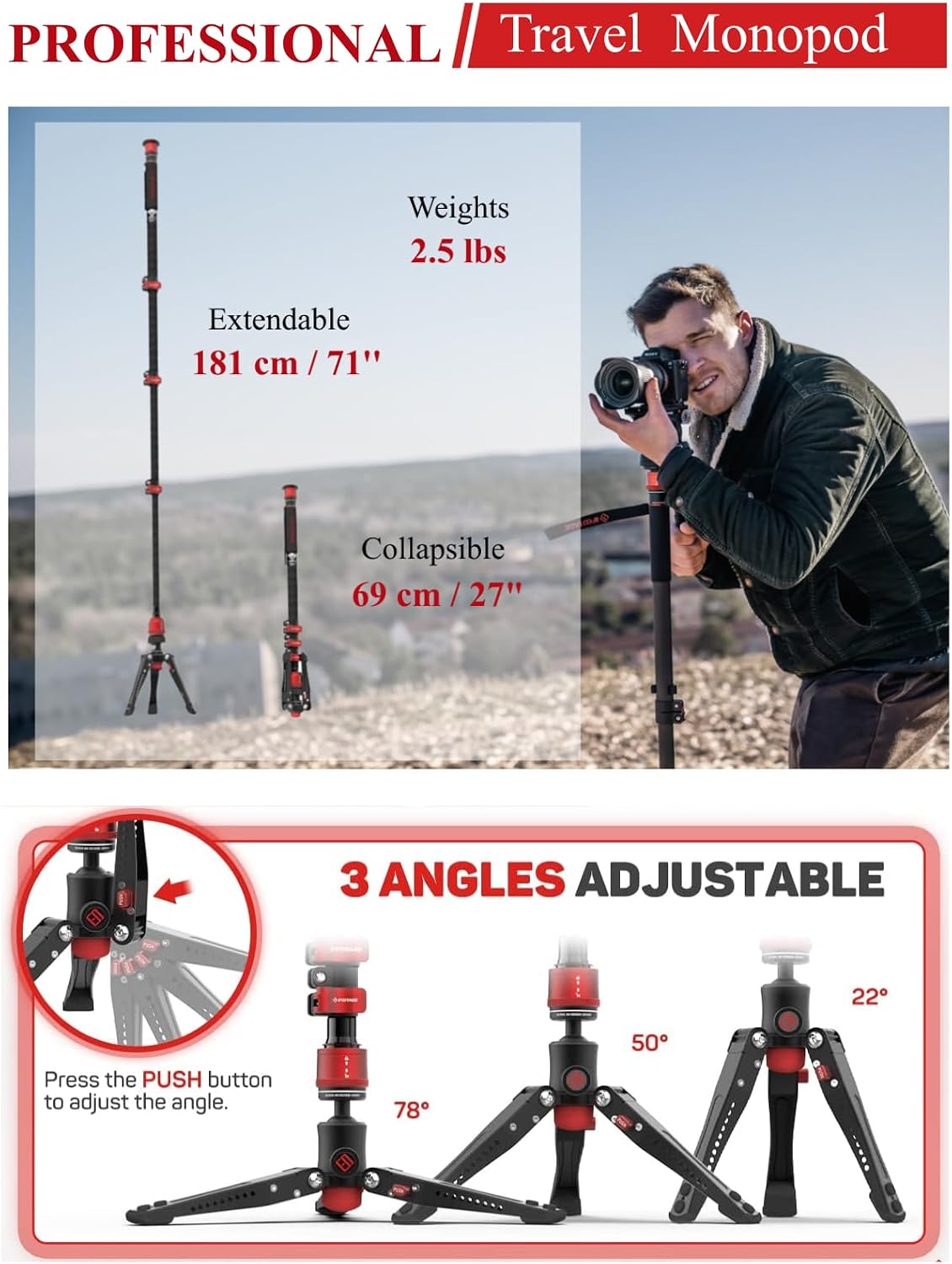 IFOOTAGE Monopod Cobra 3 C180F, 71' Carbon Fiber Travel Monopod with Base, Professional Video Monopod with Tripod Base, Max Load 10KG