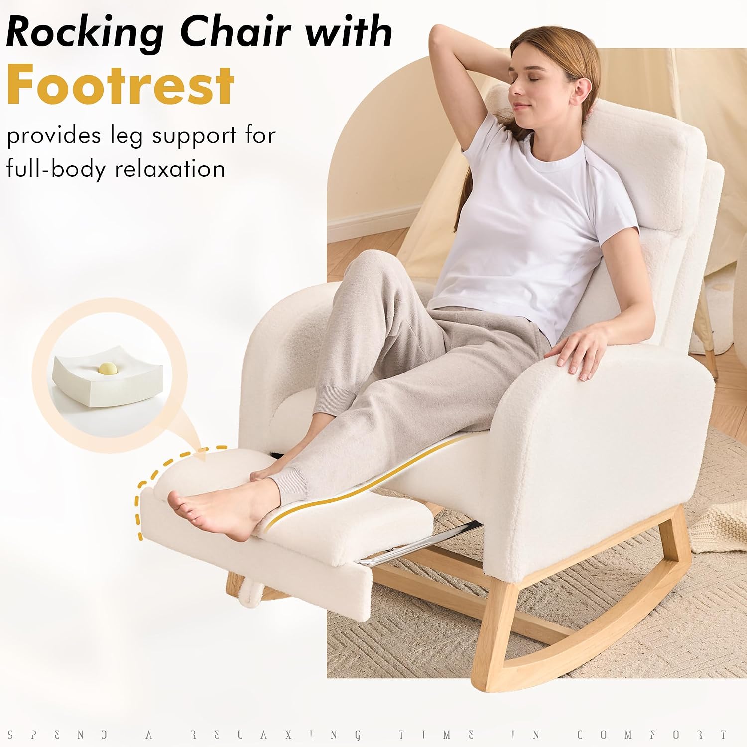 FOXHUNTER Rocking Chair for Nursery with High Backrest & Foot Rest-Nursery Rocking Chairs with Side Storage Pocket for Breastfeeding,Modern Glider Chair for Baby Bedroom,Living Room,Teddy White