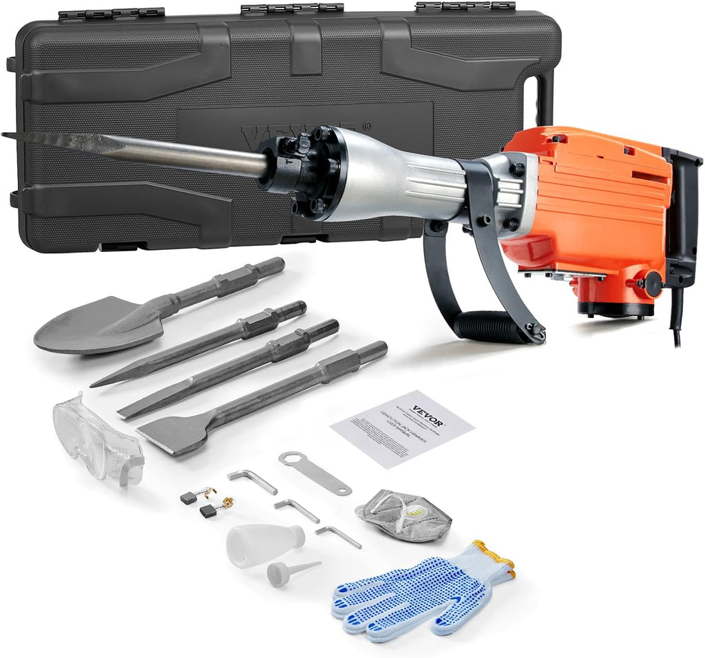 VEVOR Demolition Jack Hammer, MAX 2200W Electric Jackhammer Heavy Duty, 1400 BPM Concrete Breaker 4pcs Chisels Bit Chipping W/Case, Gloves