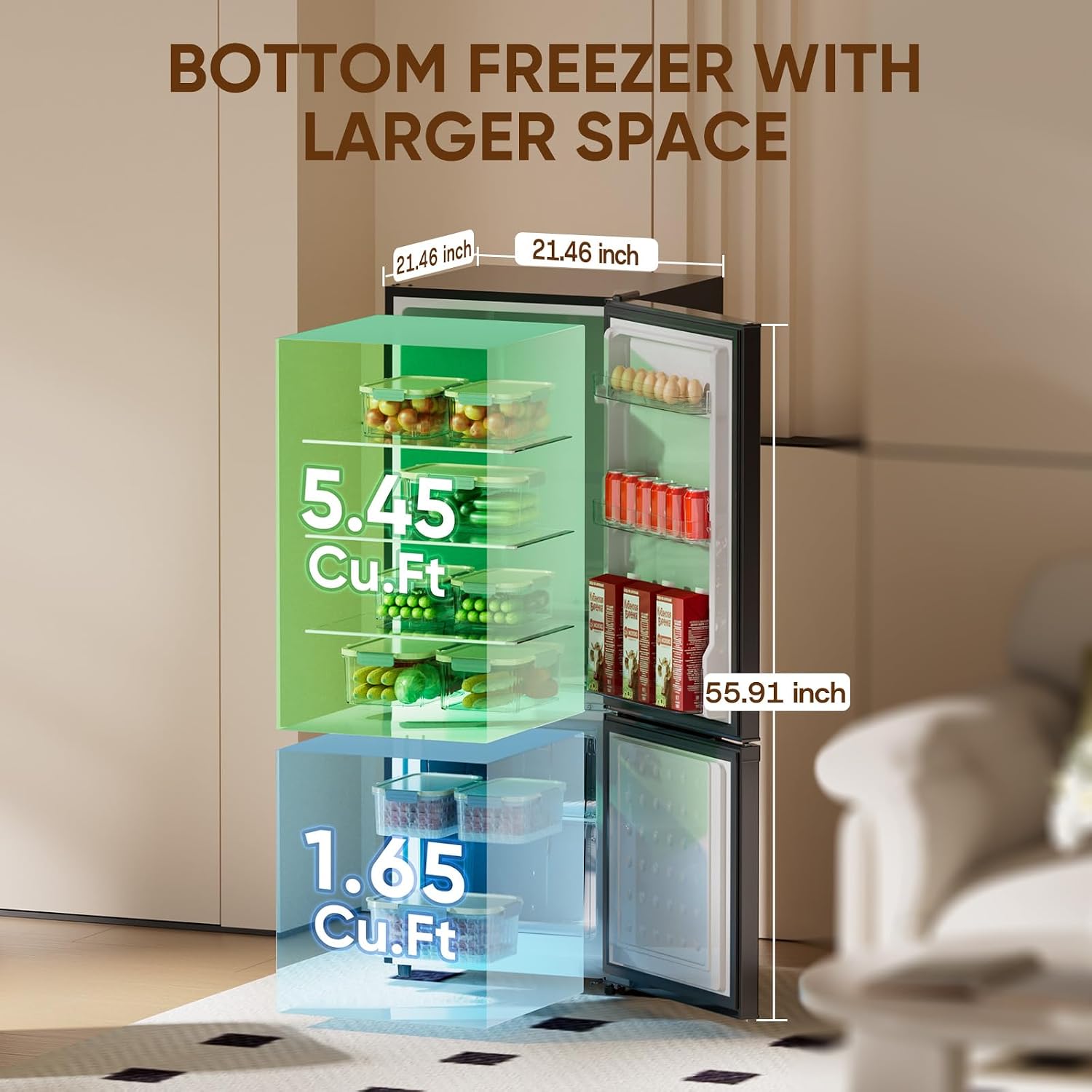 Upstreman 7.1 Cu.Ft Refrigerator with Bottom Freezer, Apartment Fridge with Freezer, Energy-efficient, Large Capacity, Adjustable Thermostat, Refrigerator for Apartment, Kitchen, Dorm(BM71)