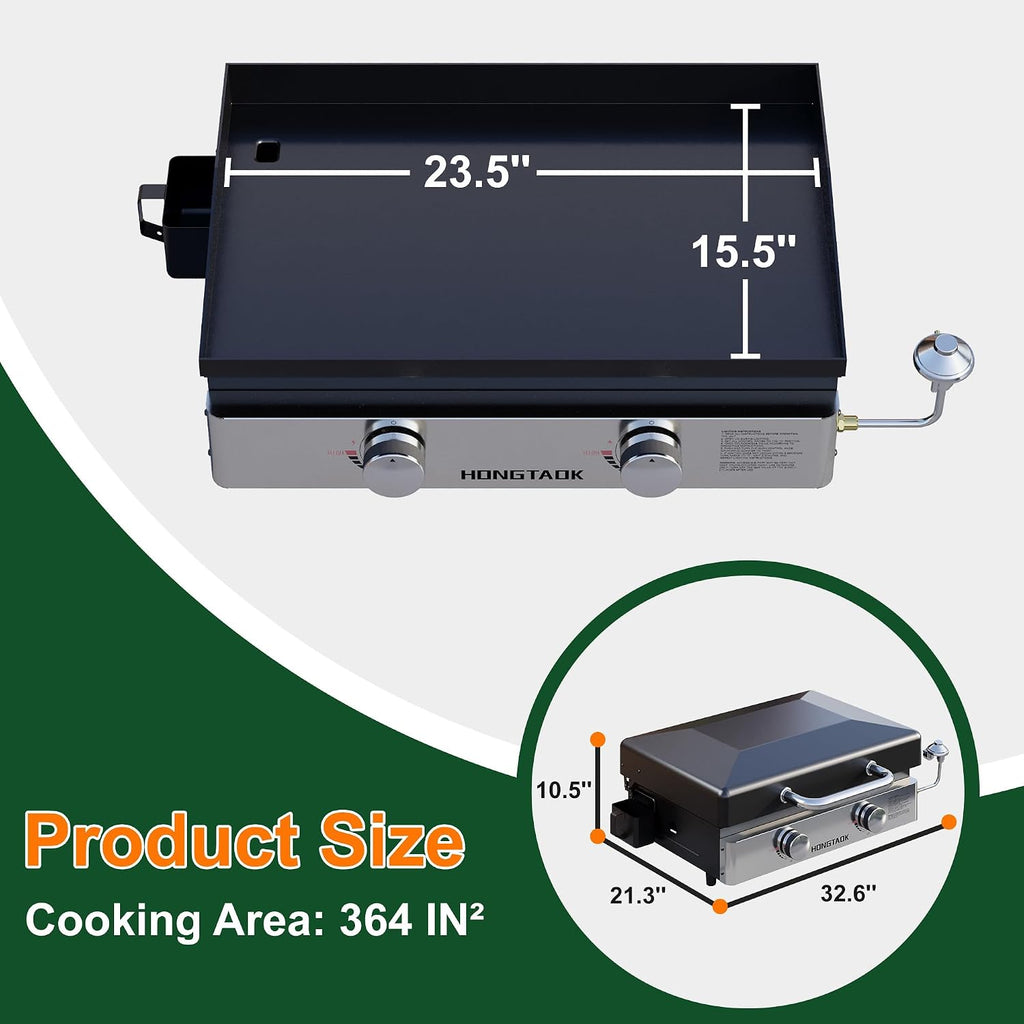 23 Inch Portable Propane Gas Griddle with Non-stick Ceramic Coated Baking Pan and Lid, Outdoor Tabletop 2 Burners Propane Grill for Camping, Barbecue, Tailgating, Cooking