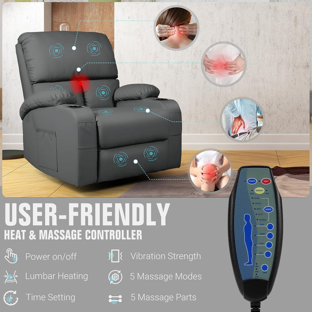 LAFWELL Rocking Recliner Chair, Massage Rocker Recliner Chair with Vibration Massage and Heat, 360° Swivel Faux Leather Chairs, Living Room, Bedroom, Nursery, RV, Dark Gery