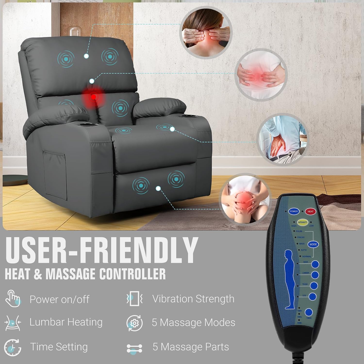 LAFWELL Rocking Recliner Chair, Massage Rocker Recliner Chair with Vibration Massage and Heat, 360° Swivel Faux Leather Chairs, Living Room, Bedroom, Nursery, RV, Dark Gery