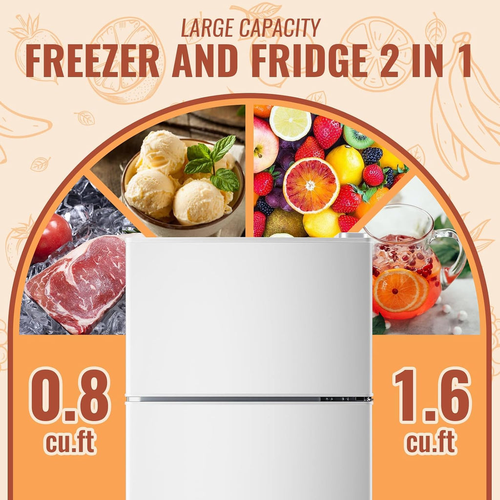 DEMULLER Small Refrigerator Mini Fridge with Double Doors & Separate Freezer & 7 Adjustable Temperature Control, Tiny Size & Personal Fridge Ideal for Office Apartment Dorm White