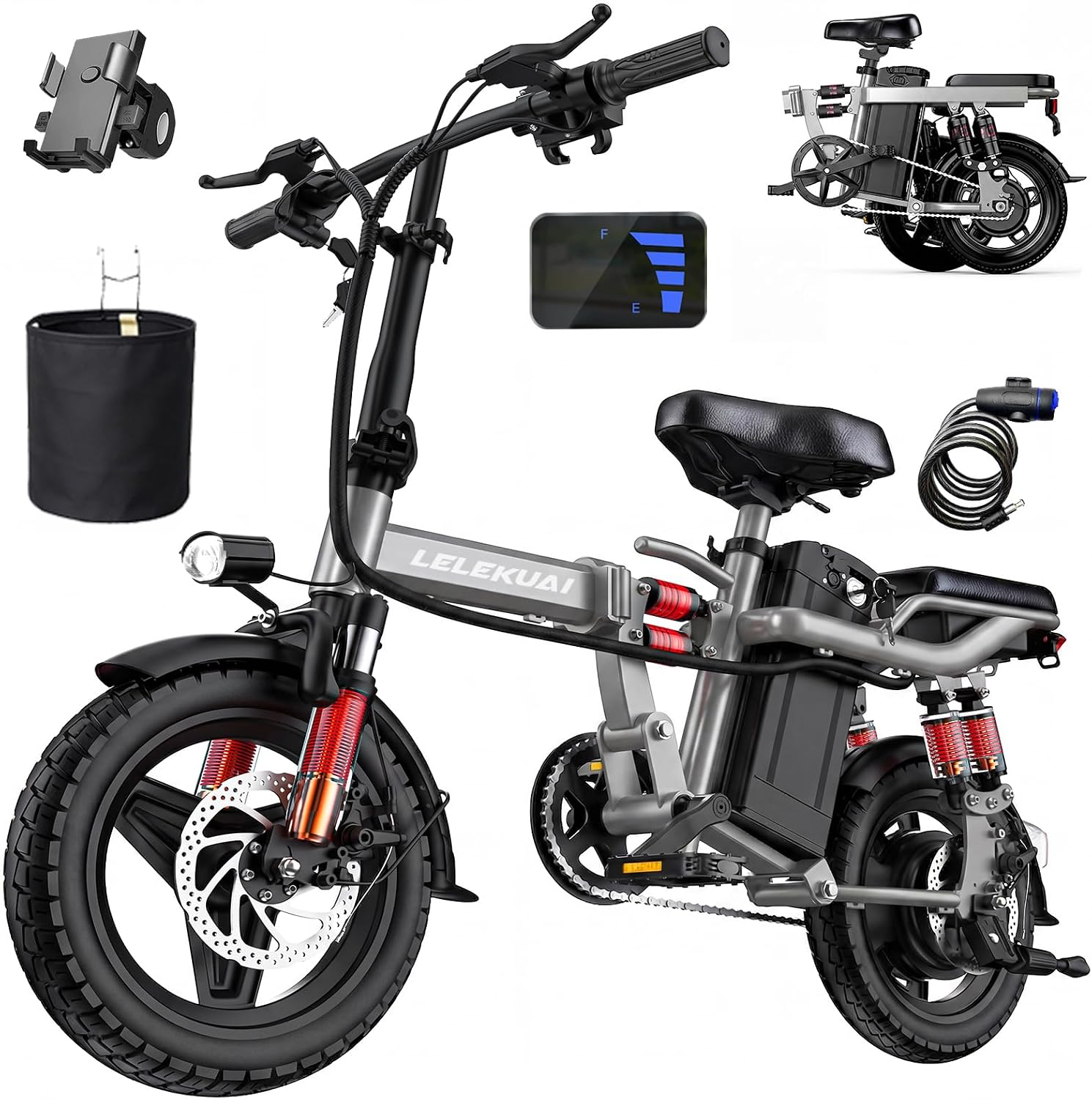 Heavy-Duty Foldable Electric Bike for Adults with 7 Shock Suspension, 500+ lbs Capacity, 740W Motor, 25MPH, 720Wh Battery, 20-Mile Range, 14' Fat Tires Commuter Bicycle for Road & Mountain Riding