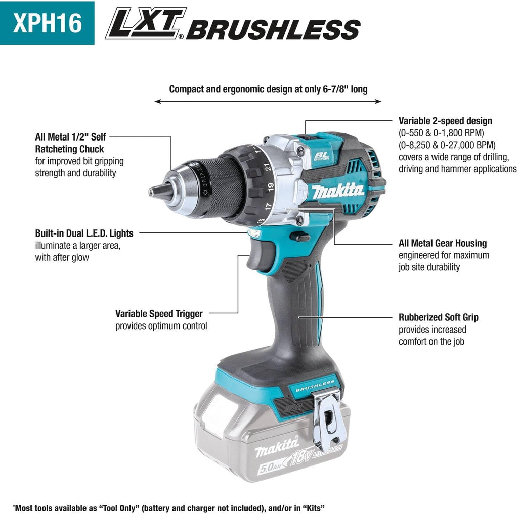 Makita XPH16Z 18V LXT® Lithium-Ion Compact Brushless Cordless 1/2' Hammer Driver-Drill, Tool Only