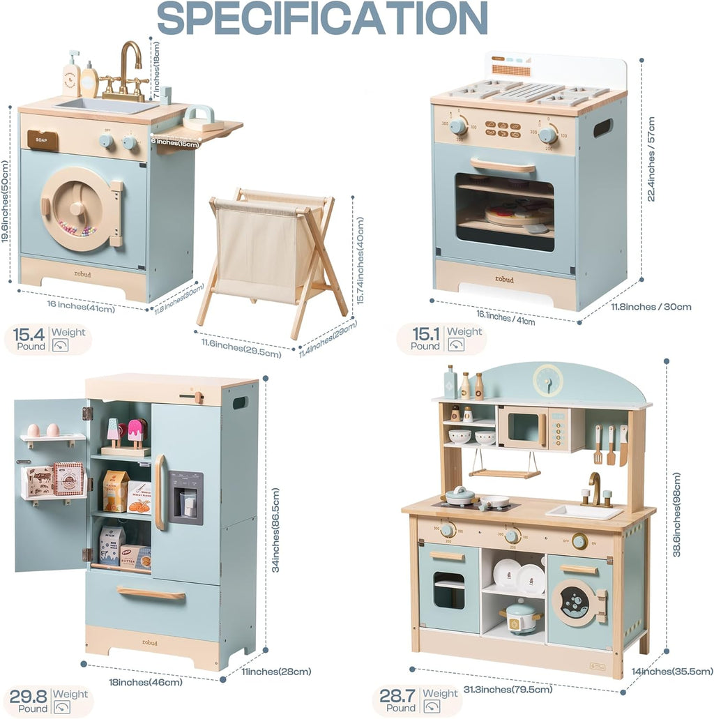 ROBOTIME Wooden Play Kitchen, Toddler Kitchen Playset with Oven, Fridge & Washing Machine, Kids Kitchen Playset Gift for 3+ Year Old Boys & Girls