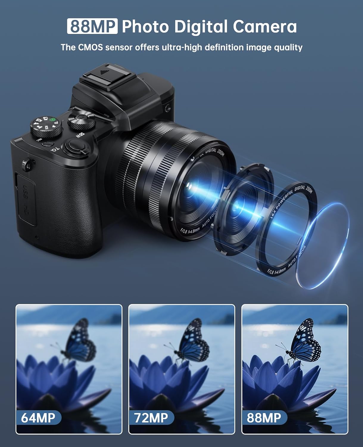 8K Digital Cameras for Photography Autofocus, 2026 Upgrade 88MP WiFi Professional 16X Zoom Photography Camera with Dual-Lens for YouTube, SD Card, Lens Hood, Touch Screen, 2 Batteries & Charging Stand