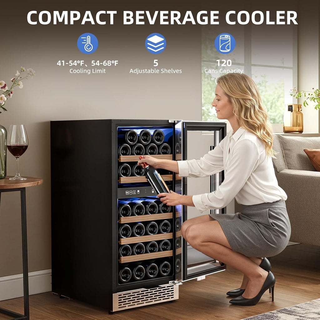 Antarctic Star Wine Fridge 15 Inch Wine Cooler Refrigerator,27 Bottles Dual Zone Freestanding or Bulit-in Wine Cooler Fridge with Stainless Steel Double-Layer Tempered Glass Door,3.1cu.ft