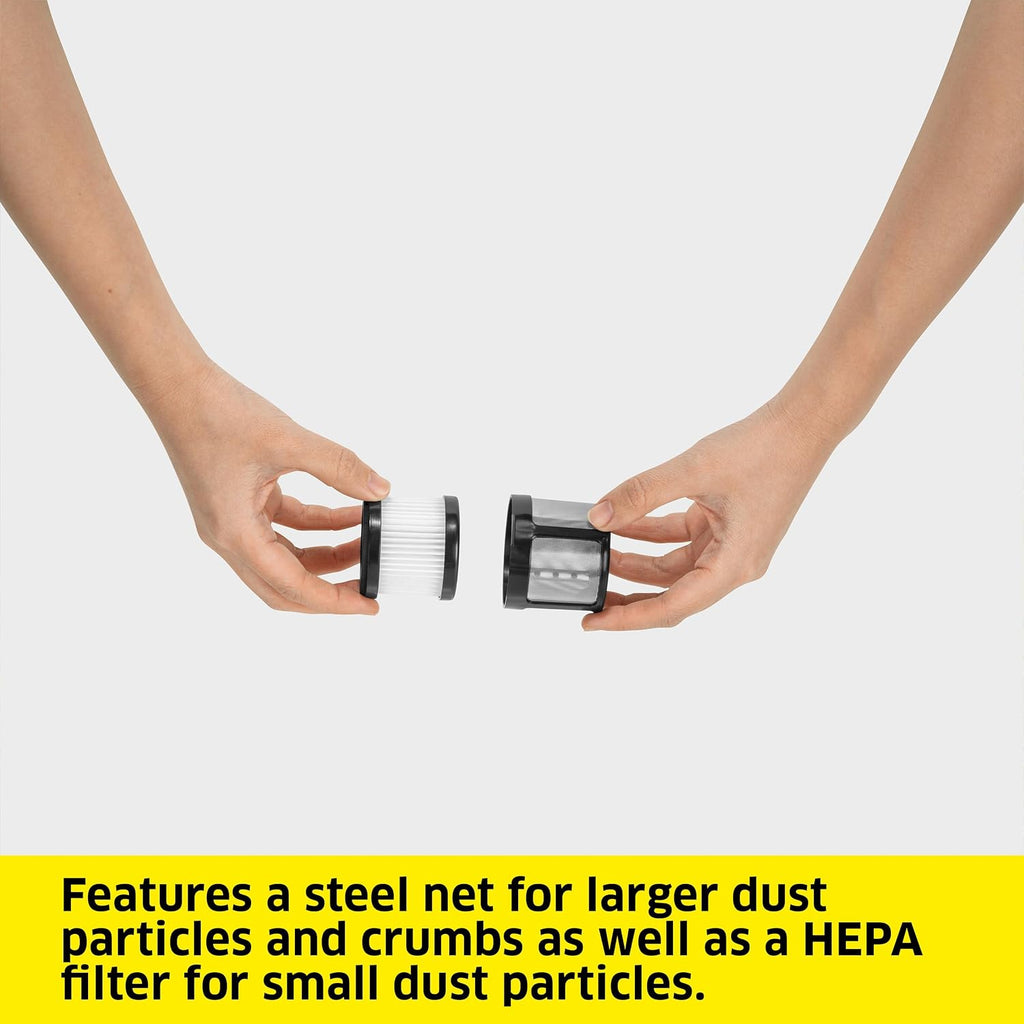 Kärcher CVH 2 Handheld Vacuum Cleaner, Double Filtration System incl. a HEPA 12 Filter, 2-in-1 Crevice Nozzle, Cordless, Weighs only 1.4 pounds, USB Charger