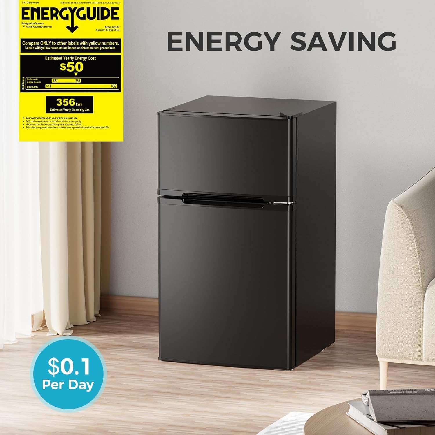 COWSAR 3.2 Cu.Ft Mini Fridge and Freezer, Double Door Compact Fridge for Bedroom, Adjustable Thermostat, Energy-efficient Low Noise Small Refrigerator For Dorm, Office, Bar, RV, Bedroom
