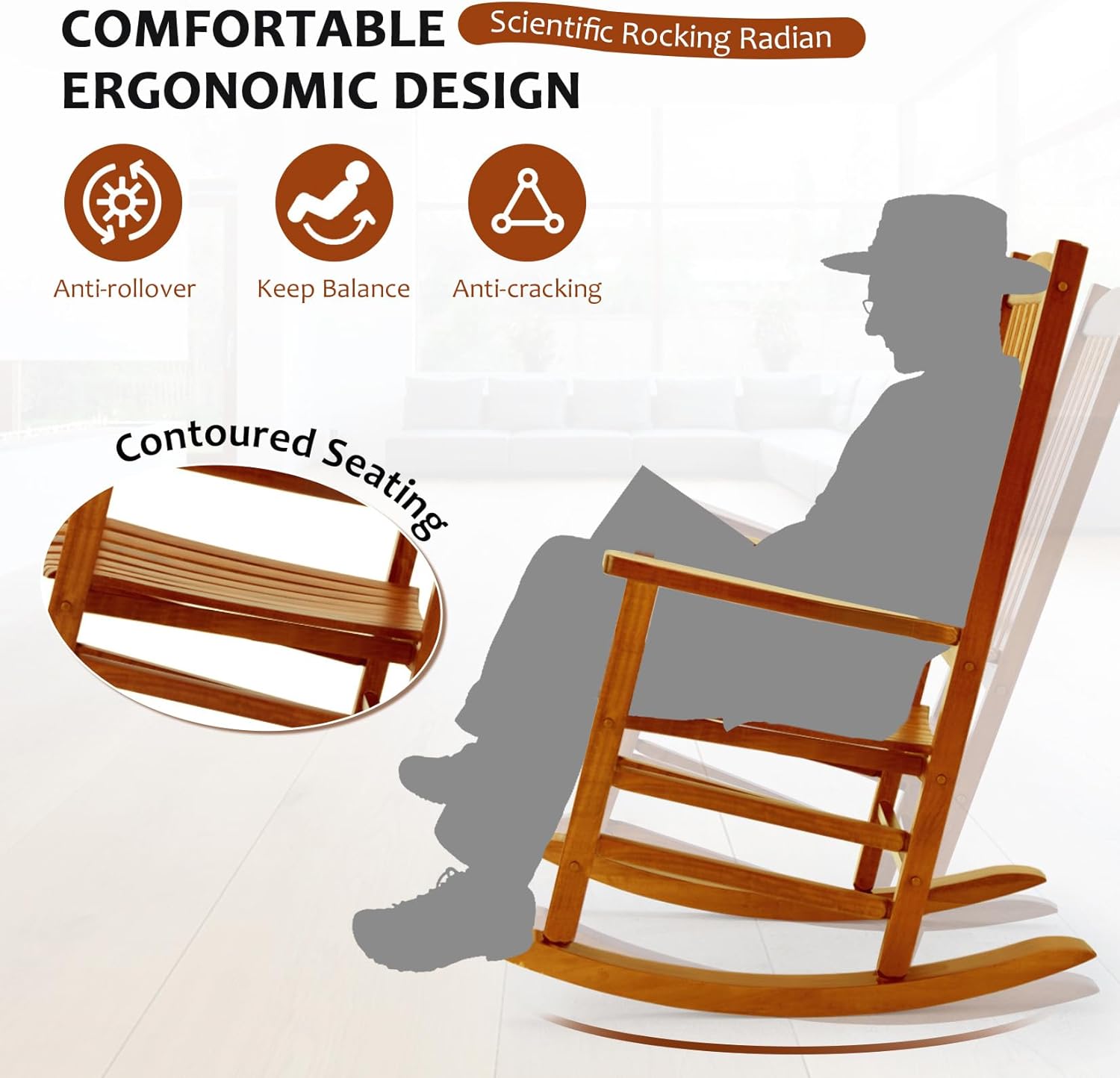 Hupmad Wooden Oversized Porch Rocker Chair with High Back and Armrest, All Weather Slatted Rocker for Backyard, Garden, 400 lbs Support, Natural