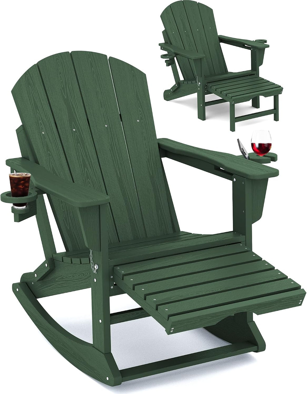 KINGYES Adirondack Rocking Chair with Retractable Ottoman and Cup Holders, HDPE Adirondack Rocker Patio Rocking Chair for Porch, Patio, Balcony, Dark Green