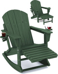 KINGYES Adirondack Rocking Chair with Retractable Ottoman and Cup Holders, HDPE Adirondack Rocker Patio Rocking Chair for Porch, Patio, Balcony, Dark Green