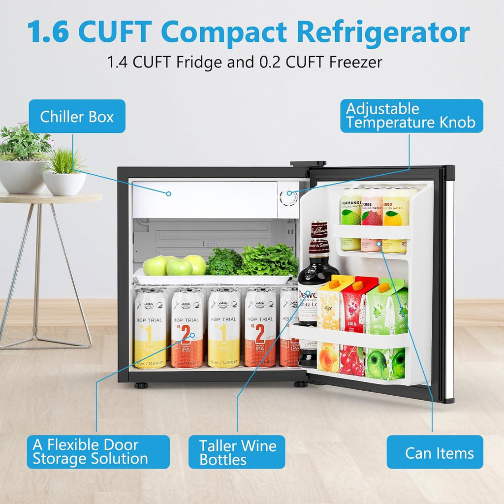 Electactic 1.7 Cu.ft Mini Fridge with Freezer, Compact Refrigerator, Single Reversible Door, Ultra Quiet, Energy Efficient for Office, Dorm, Bedroom, Apartment, Silver