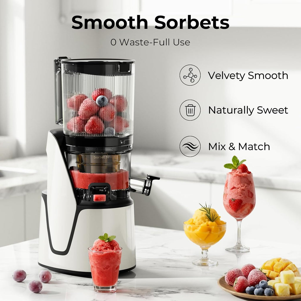 EanOruus Juicer Machines, 3-in-1 Cold Press Juicer with 6.5' Extra Large Chute, 100oz Large Capacity, AC Motor, Makes Juice, Nut Milk & Sorbet, Bright White