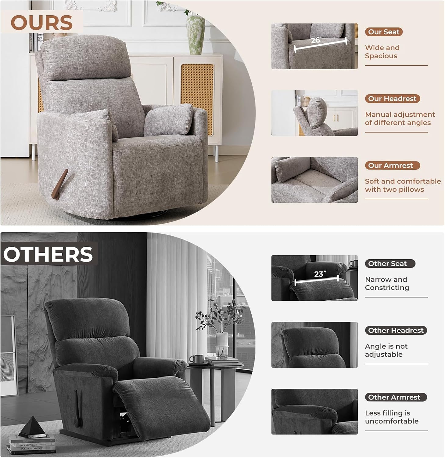 Oversized Swivel Rocker Recliner Chair with Massage and Heat, Manual Swivel Glider Rocker Recliner with 2 Bolster Pillows, Rocking Nursery Chair with Storage Ottoman , Adjustable Headrest, Light Grey