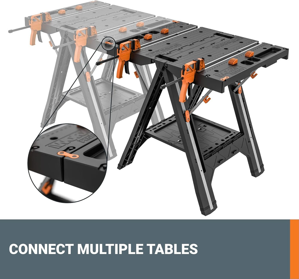 Worx Pegasus 2-in-1 Folding Work Table & Sawhorse, Easy Setup Portable Workbench, 31' W x 25' D x 32' H Lightweight Worktable with Heavy-Duty Load Capacity, WX051 - Includes 2 Clamps & 4 Clamp Dogs