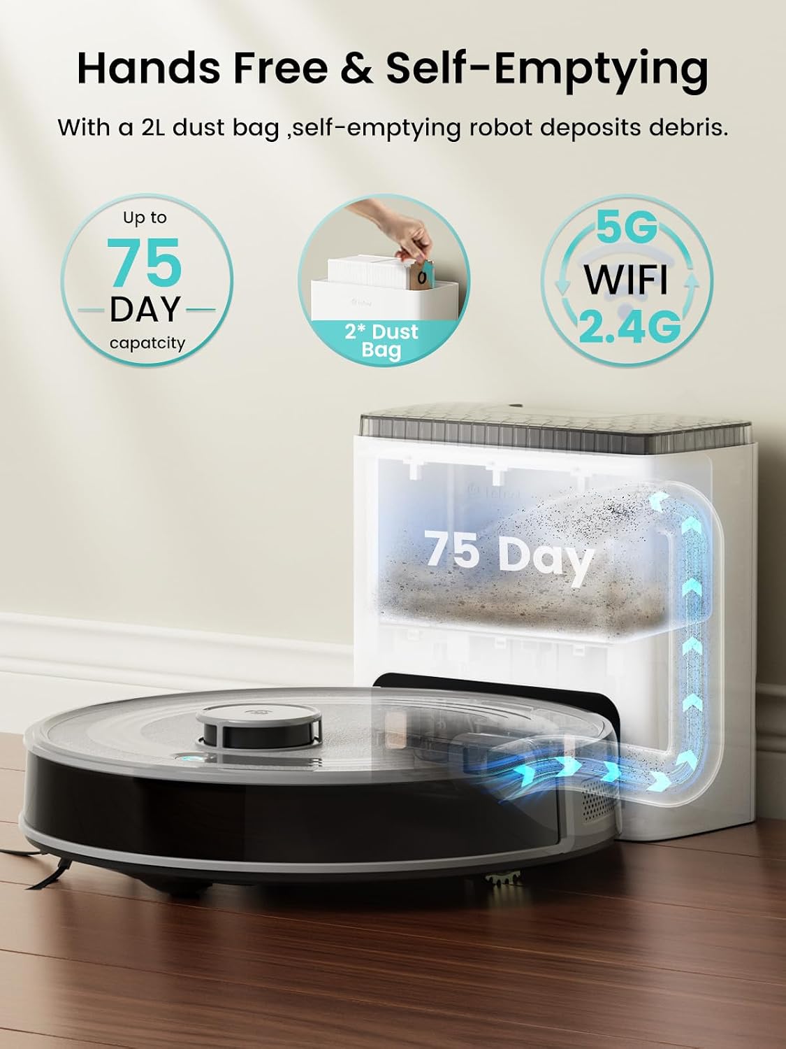 Lefant LiDAR Robot Vacuum and Mop Combo, 10000Pa Suction, 75-Day Self-Emptying Base with Multi-Floor Mapping, 240Min Runtime, Ideal for Pet Hair & Carpets, Wi-Fi/Alexa/App Control, M2S Plus