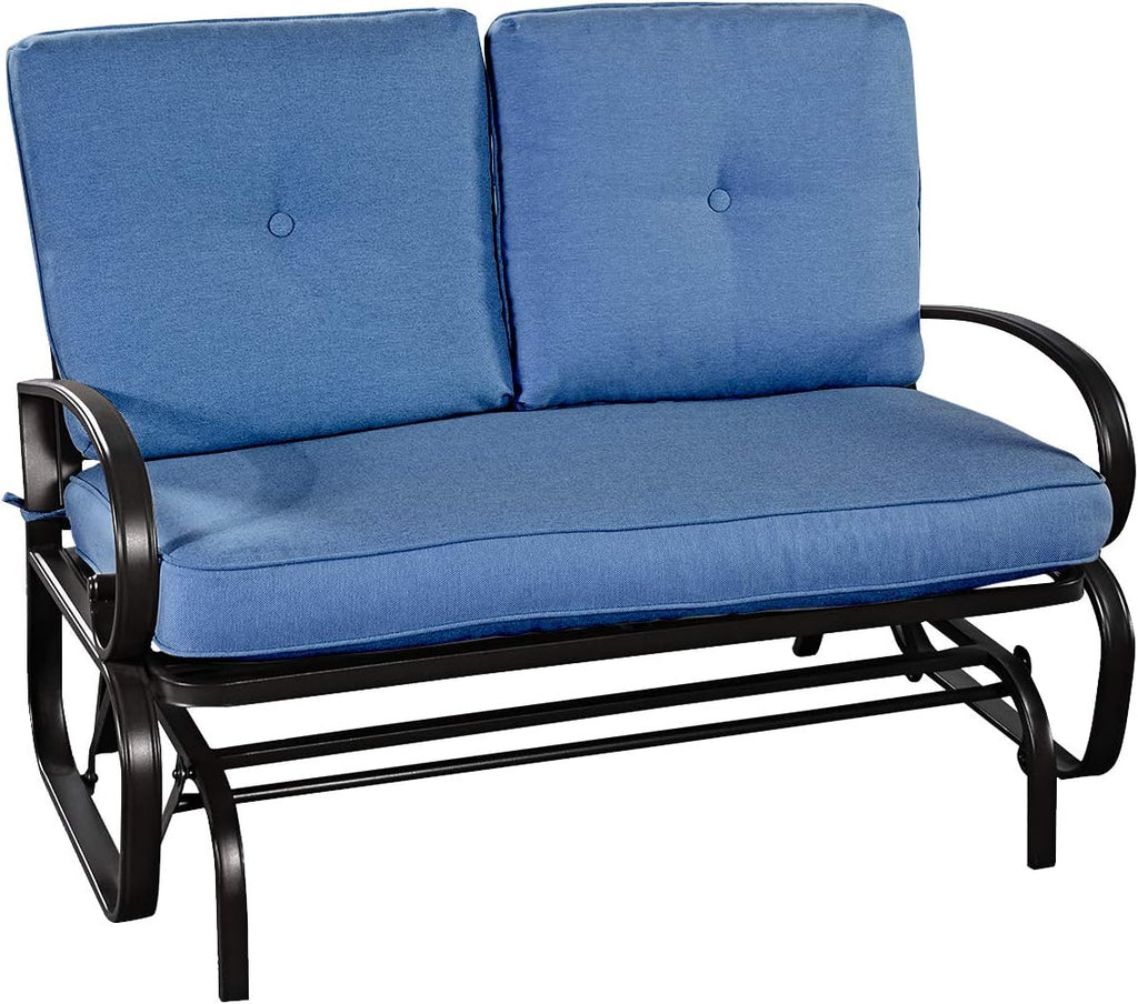 Giantex Outdoor Glider Bench, Patio 2 Person Loveseat with Removable Cushion, Padded Seat, Stable Steel Frame, Outside Glider Swing Chair for Deck, Poolside, Backyard, Balcony, Porch Glider(Navy)
