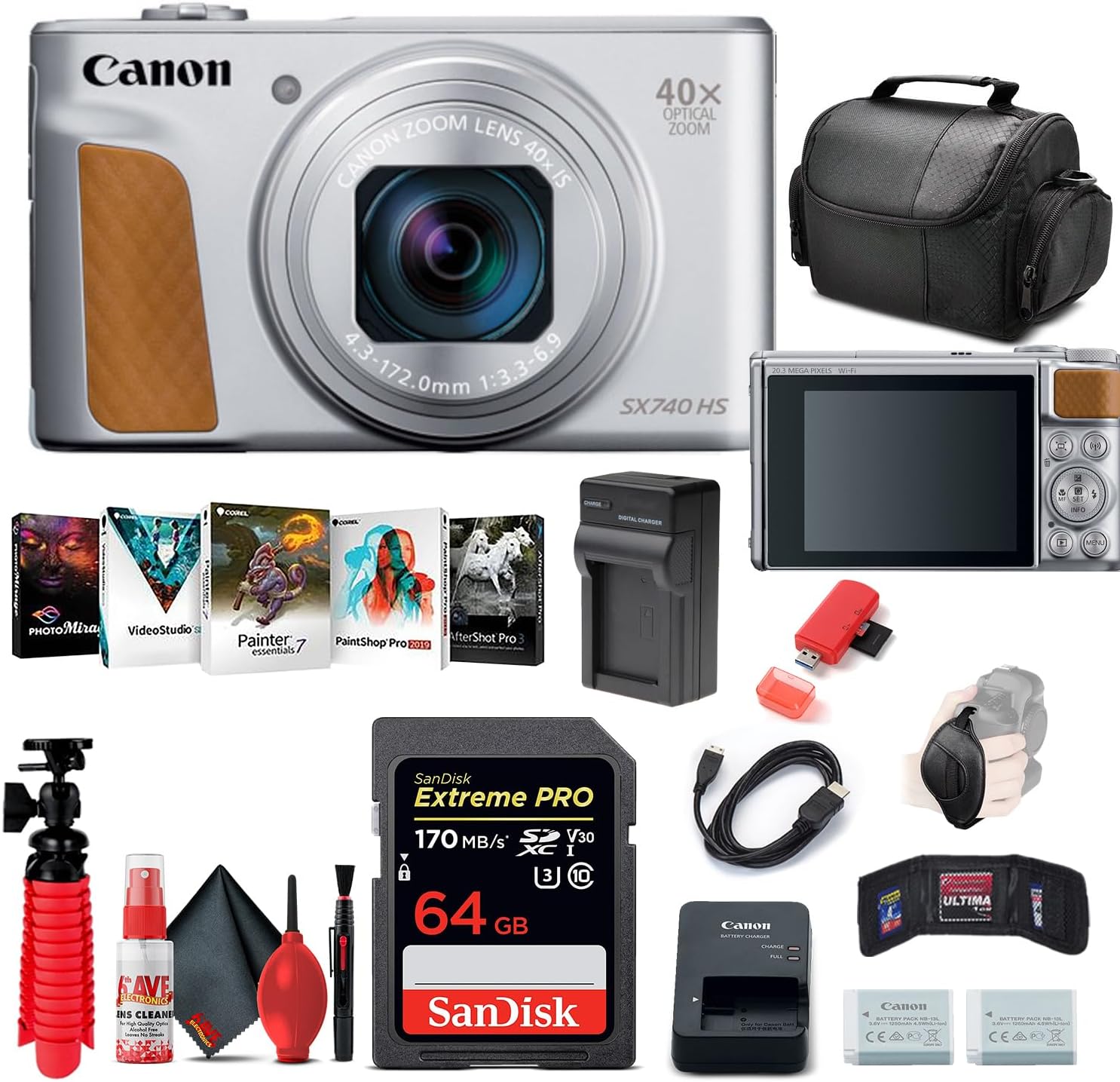 Canon PowerShot SX740 HS Digital Camera (Silver) (2956C001) + 64GB Memory Card + NB13L Battery + Corel Photo Software + Charger + Card Reader + Soft Bag + Flex Tripod + More