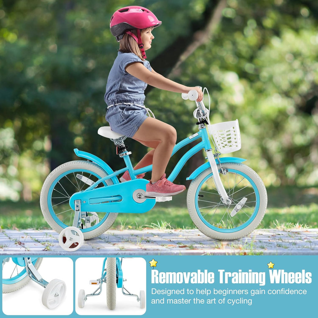 GYMAX Kids Bike for Boys & Girls Aged 3-8 Years, 14/16/18 Inches Children Bicycle w/Training Wheels, Dual Brakes, Adjustable Seat & Handlebar, Toddler Balance Bike