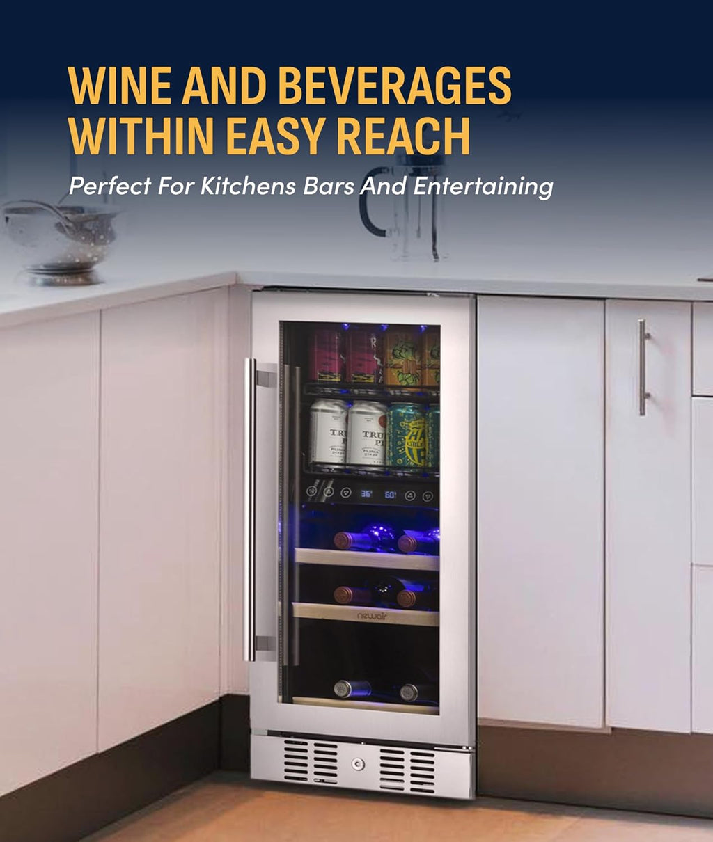 NewAir 15' Dual Zone Beverage Refrigerator & Wine Cooler for 9 Bottles & 48 Cans | Freestanding or Built-In Under Counter Mini Fridge for Beer, Wine and Soda | Stainless Steel