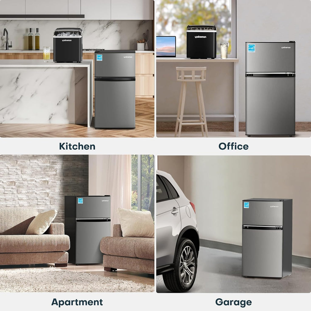 Upstreman 3.1 Cu.Ft Mini Fridge with Freezer, Double Door Small Fridge, Dorm Essentials, Adjustable Thermostat, Energy Saving, Mini Refrigerator for Office, Dorm,Bedroom, Stainless