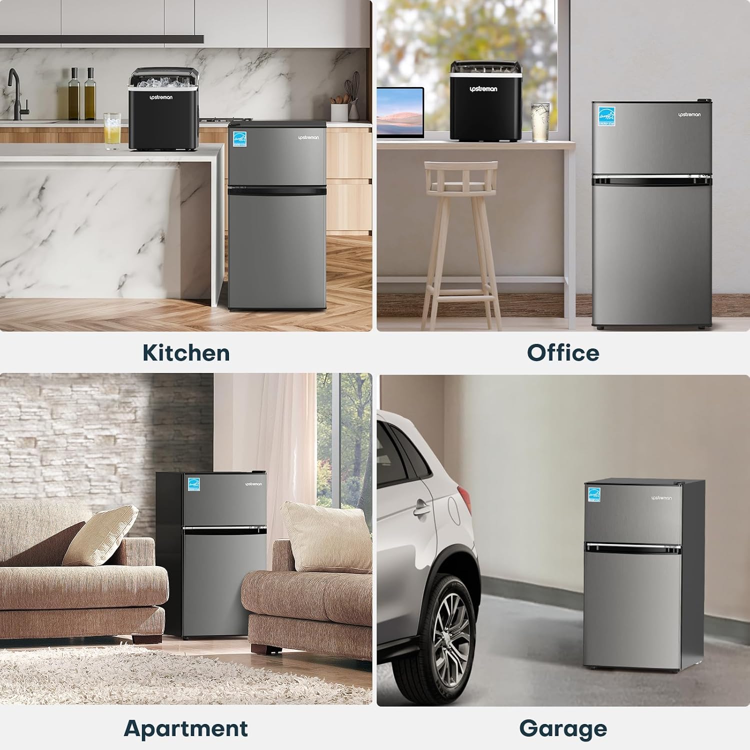 Upstreman 3.1 Cu.Ft Mini Fridge with Freezer, Double Door Small Fridge, Dorm Essentials, Adjustable Thermostat, Energy Saving, Mini Refrigerator for Office, Dorm,Bedroom, Stainless