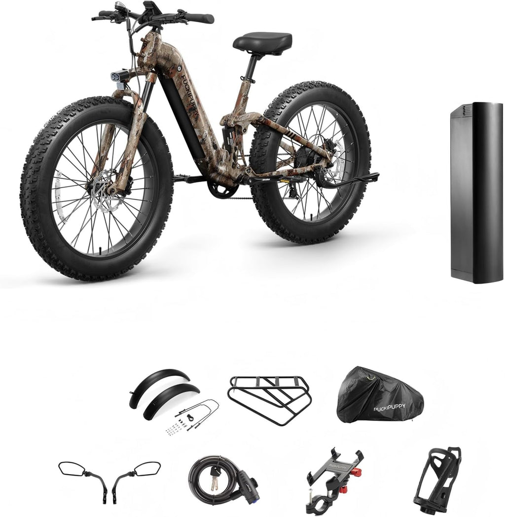 PUCKIPUPPY Battery+Electric Bike for Adults 960W(Peak), 48V 20AH Battery Adult Electric Bicycles, 26' Fat Tire Full Suspension Step-Thru Ebike, 28MPH Mountain Ebike, 7 Speed, 80Miles Range