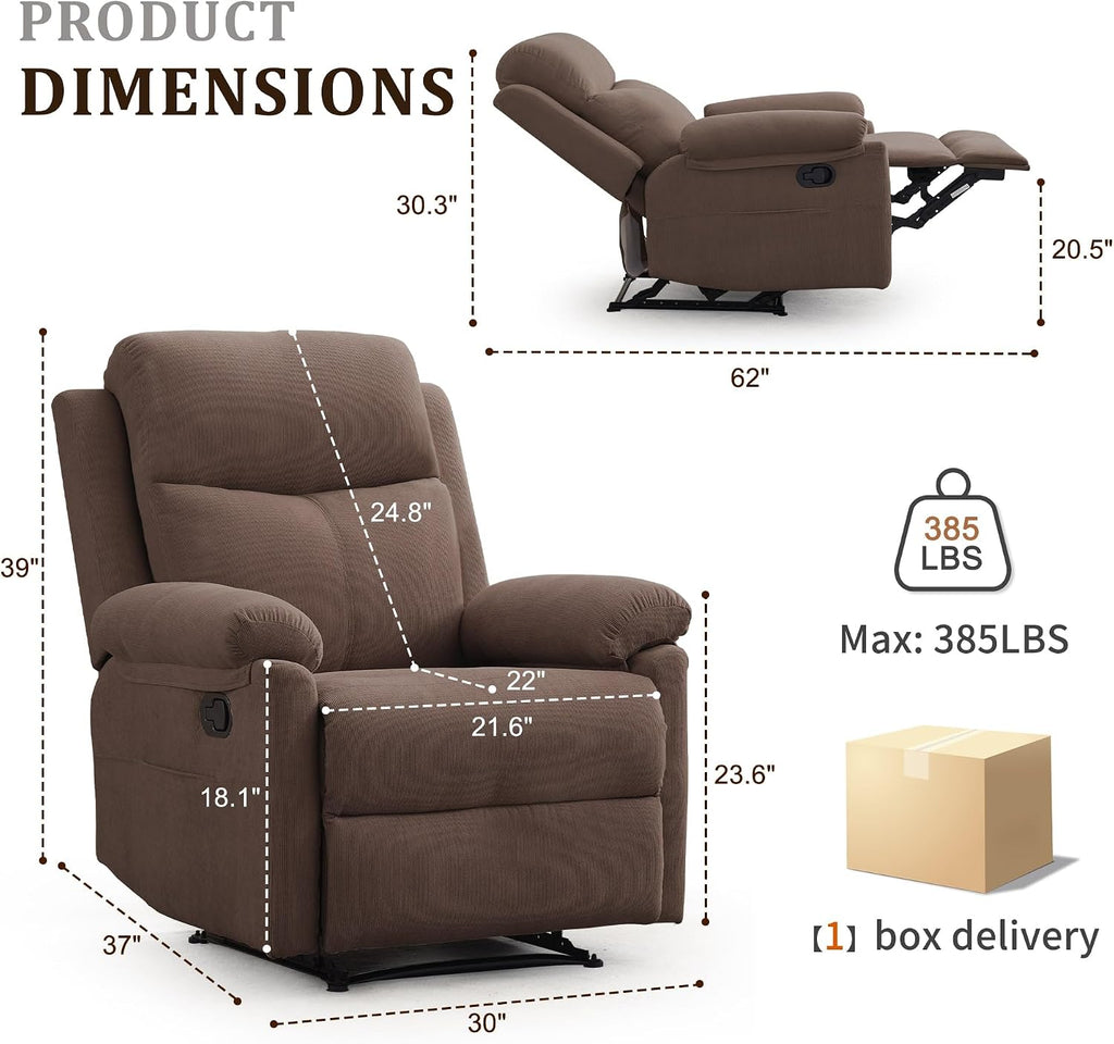Korser Recliner Chairs, Small Recliners for Small Spaces, Manual Recliner for Adults with Side Pockets, Adjustable Overstuffed Comfy Corduroy Reclining Chair for Living Room, Bedroom, Reading, Brown