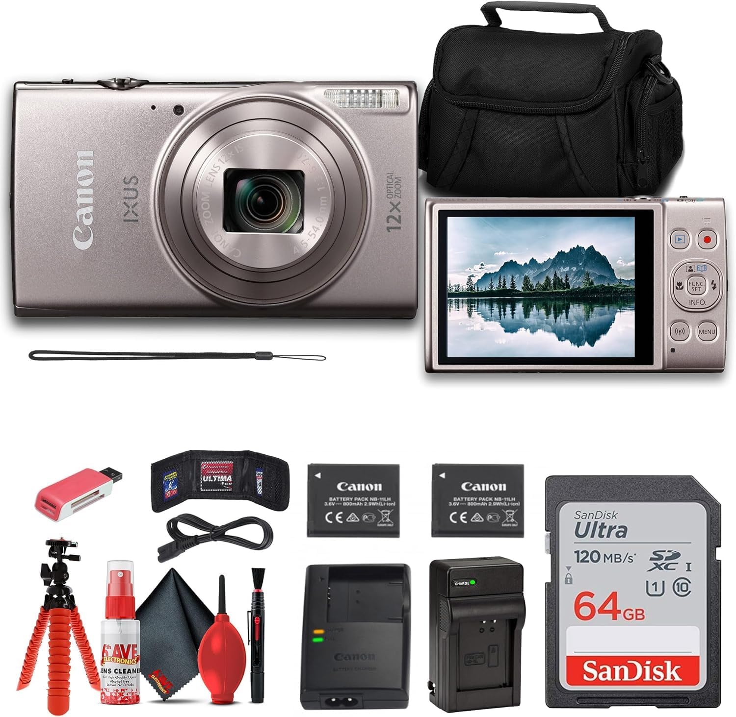 Canon PowerShot IXUS 285 HS 12X Optical Zoom Digital Camera (Silver) (1079C001) + NB11L Battery + 64GB Memory Card + Case + Charger + Card Reader + Flex Tripod + Cleaning Kit + Memory Wallet