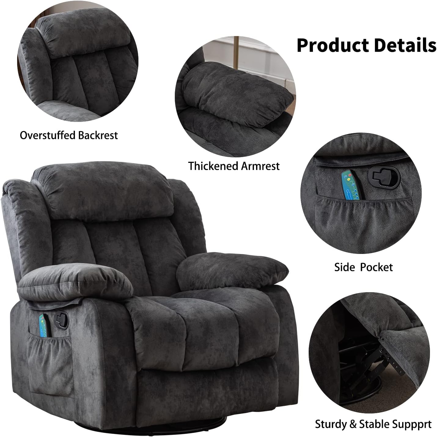 CANMOV Massage Swivel Rocker Recliner Chair with Heat and Vibration,360 Degree Manual Swivel Rocking Recliners with Side Pocket, Comfy Fabric Single Sofa Reclining Chair for Living Room, Grey