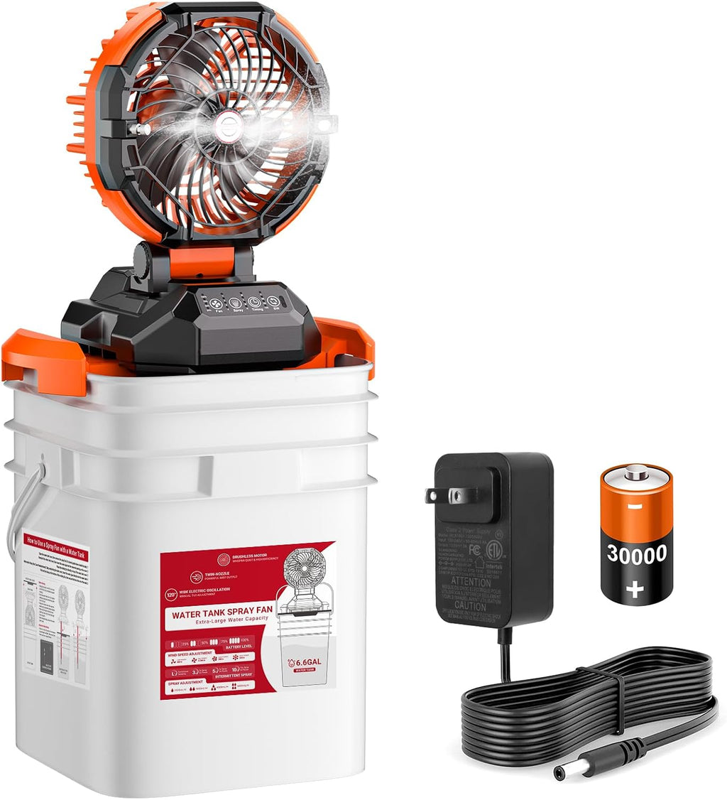 Portable Misting Fan with Bucket, 30000mAh Rechargeable Battery Powered Floor Cooling Fan with 4 Strong Winds, 4 Spray Mister, Adjustable Base for 10-13in Bucket for Camping, Beach, Patio-Orange