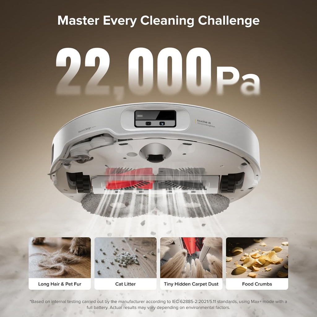 roborock Qrevo CurvX Robot Vacuum and Mop, 22,000Pa Suction, 3.14'' Ultra Slim, Zero-Tangling Design, Reactive AI Obstacle Recognition, AdaptiLift Chassis, Auto Hot Water Mop Washing & Drying