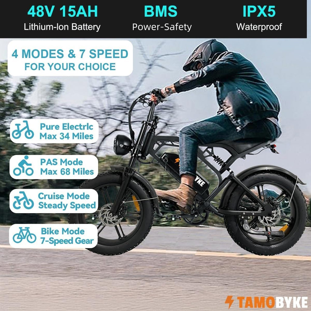 Tamobyke V20 Series Moped 750W/1500W Electric Bike for Adults,28mph/30mph/33mph Ebike&25-68Miles PAS Range,48V15.6ah/18.2ah/ (874Wh) Larger Battery, 20'' Fat Tire Electric Bike,UL 2849 Certified.