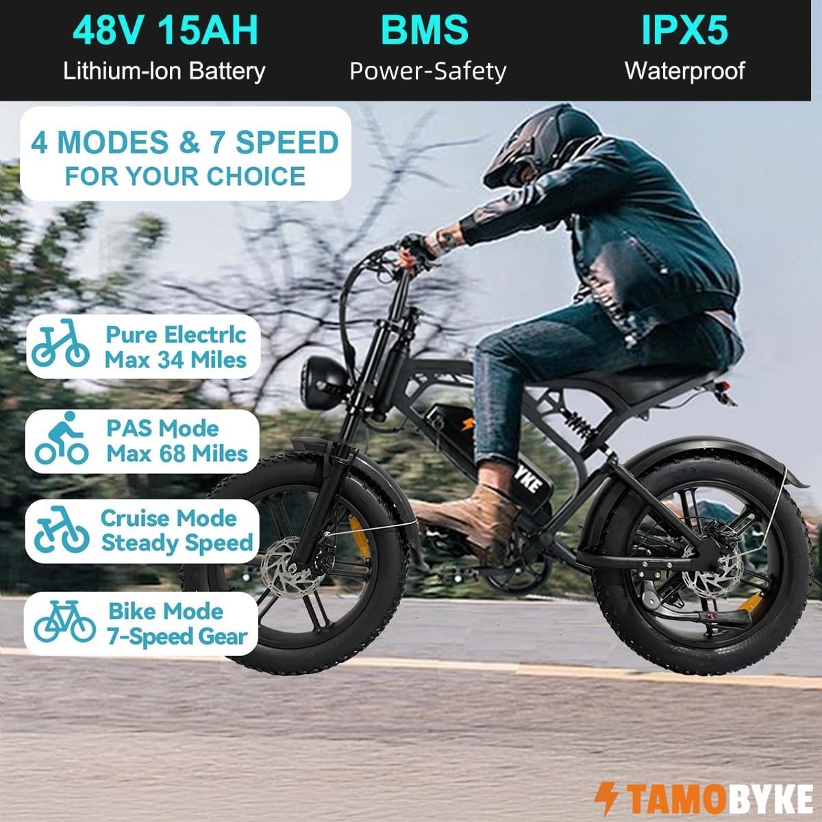 Tamobyke V20 Series Moped 750W/1500W Electric Bike for Adults,28mph/30mph/33mph Ebike&25-68Miles PAS Range,48V15.6ah/18.2ah/ (874Wh) Larger Battery, 20'' Fat Tire Electric Bike,UL 2849 Certified.