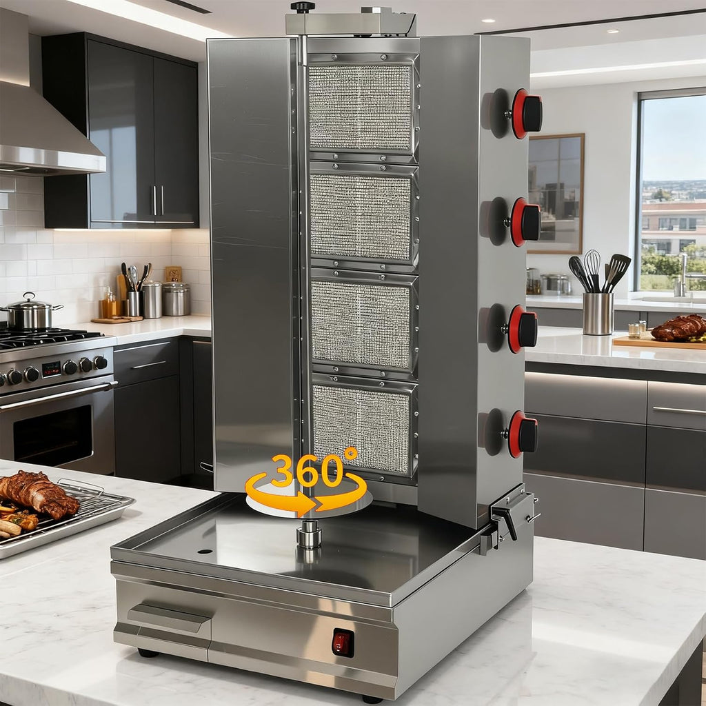 Shawarma Machine Oven Rotisserie Kebab Turkey Infrared Burner, Automatic Rotation and Adjustable Distance, 4 Propane Controls Up to 750°F,Vertical Skewers, Stainless Steel