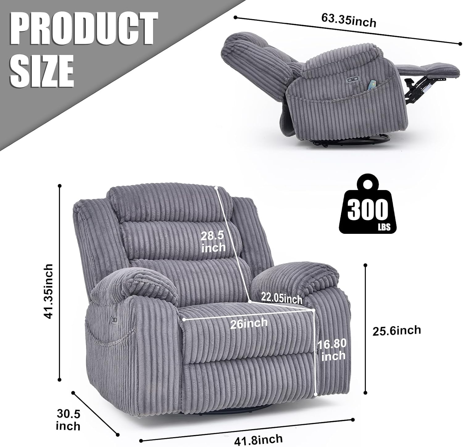 SINCRUMI Power Swivel Rocker Recliner Chair for Adults with Massgae and Heat, USB and Type-C Charging Port, Infinite Position, Electric Glider Rocking Chairs for Living Room, Nursery, Grey
