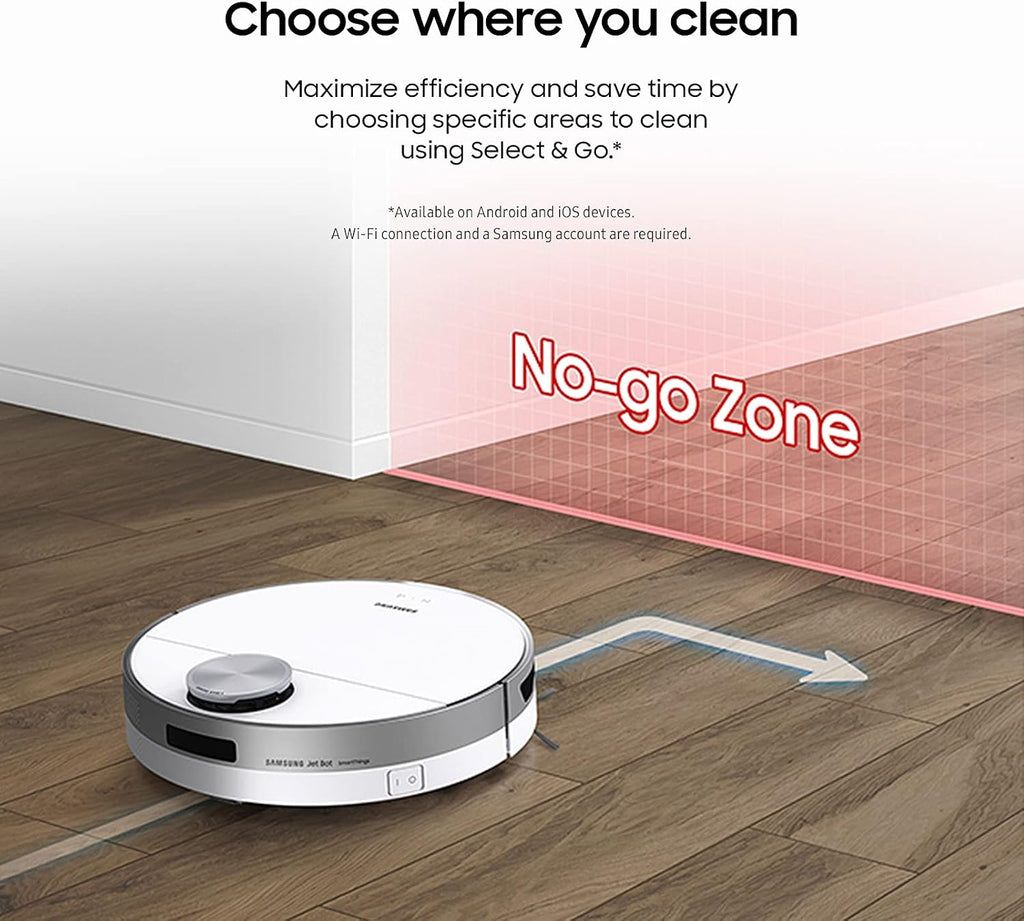 SAMSUNG Jet Bot Robot Cordless Vacuum Cleaner w/ Intelligent Power Control, Precise Navigation, Multi Surface Cleaning for Hardwood Floors, Carpets, Rugs, Anti Hair, VR30T80313W/AA, White