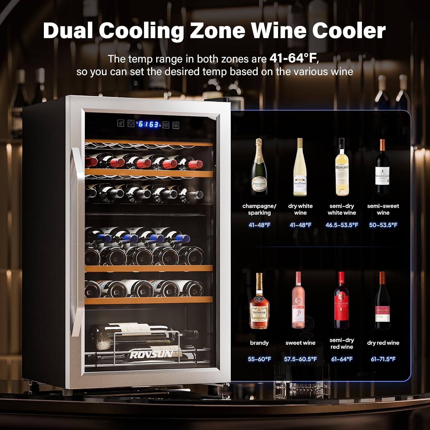 ROVSUN 33 Bottle Wine Fridge, Dual Zone Wine and Beverage Refrigerator with Independent Temp & LED Control Panel, Freestanding Wine Cooler Chiller for Red White Wine, Champagne, Beer