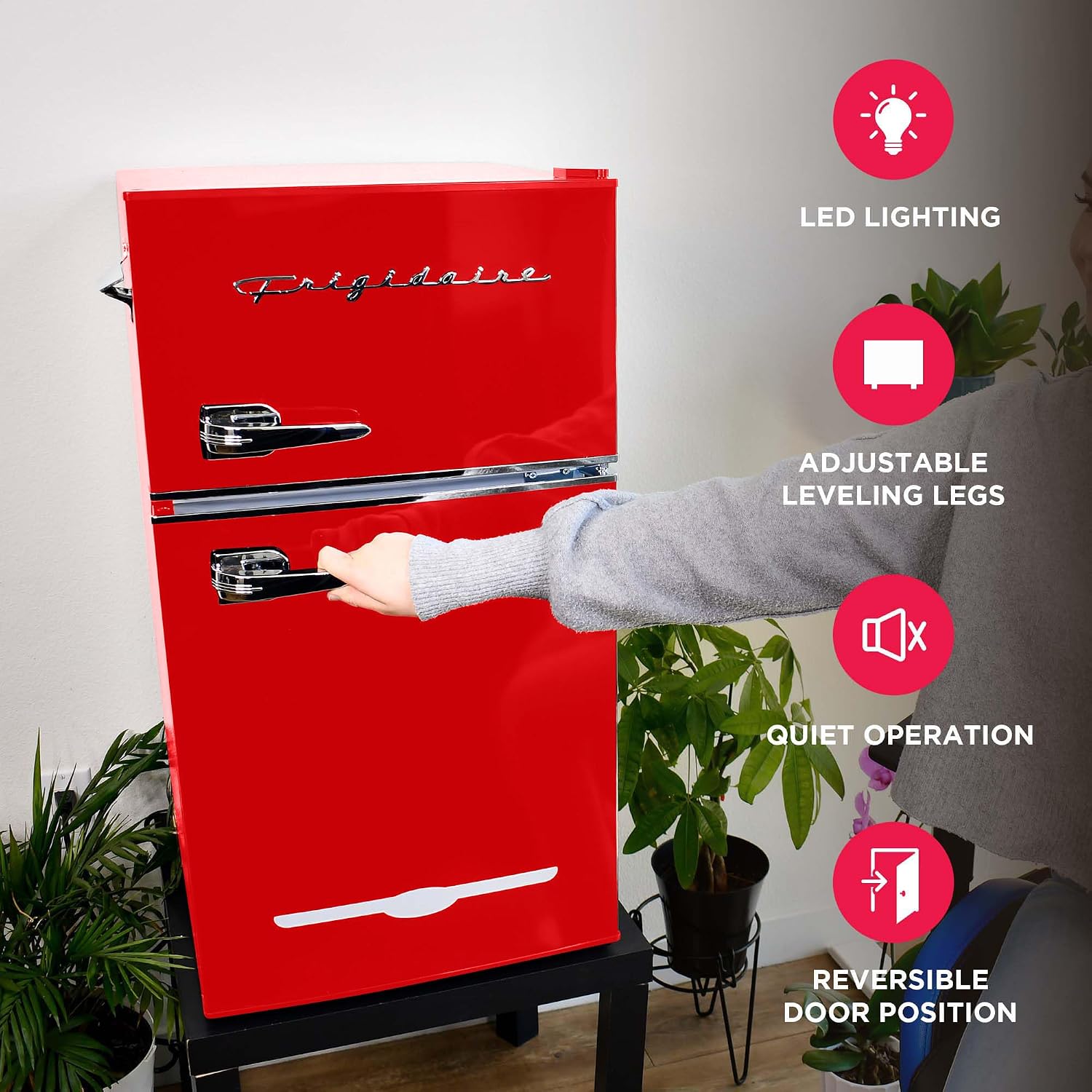 Frigidaire Retro Compact Fridge Freezer Combo, 3.1 cu. ft. Capacity, Small Top Freezer Refrigerator, Mini Fridge with Built-in Bottle Opener – 19''D x 20.5' W x 33.5' H (Red)