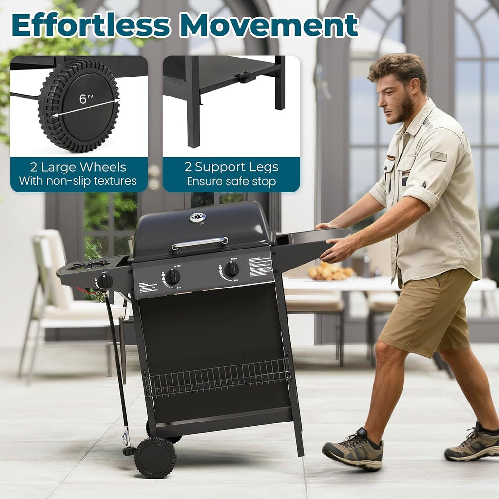 Happygrill 2 + 1 Burner Propane Gas Grill, 30,000 BTU Outdoor Cooking Grill with Storage Shelves & Porcelain-Enameled Grates, Portable BBQ Grills on Wheels w/Thermometer for Backyard, Camping & Picnic